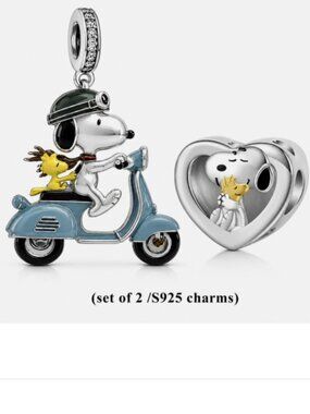 (Set of 2) S925 Sterling Silver Scooter Hug Dog Pendant Charm Necklace Bracelet